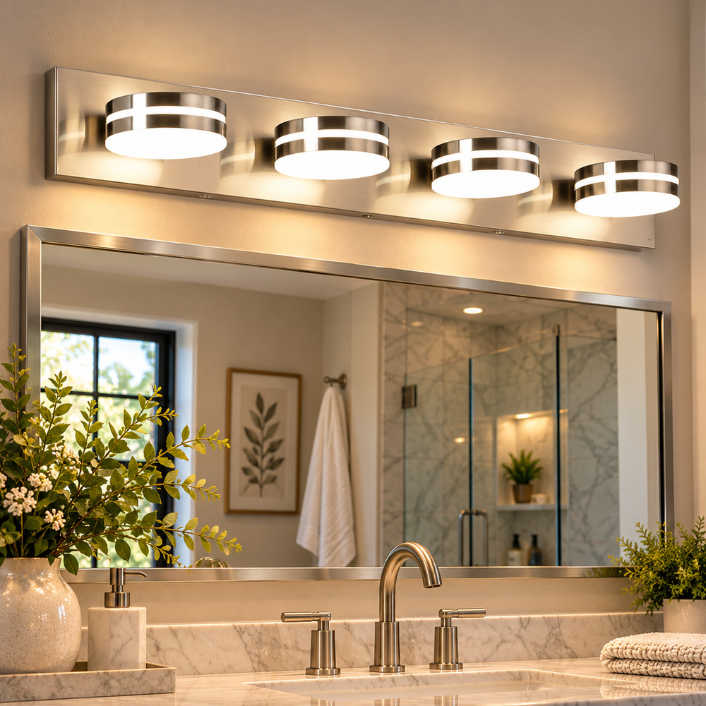 4-Light Brushed Nickel Bathroom Vanity Light – Modern Dimmable LED Fixture